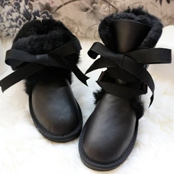 G&Zaco WinterWomen Wool Boots Genuine Sheepskin Snow Boots Black Leather Lace Boots Waterproof Female Flat Warm Shoes