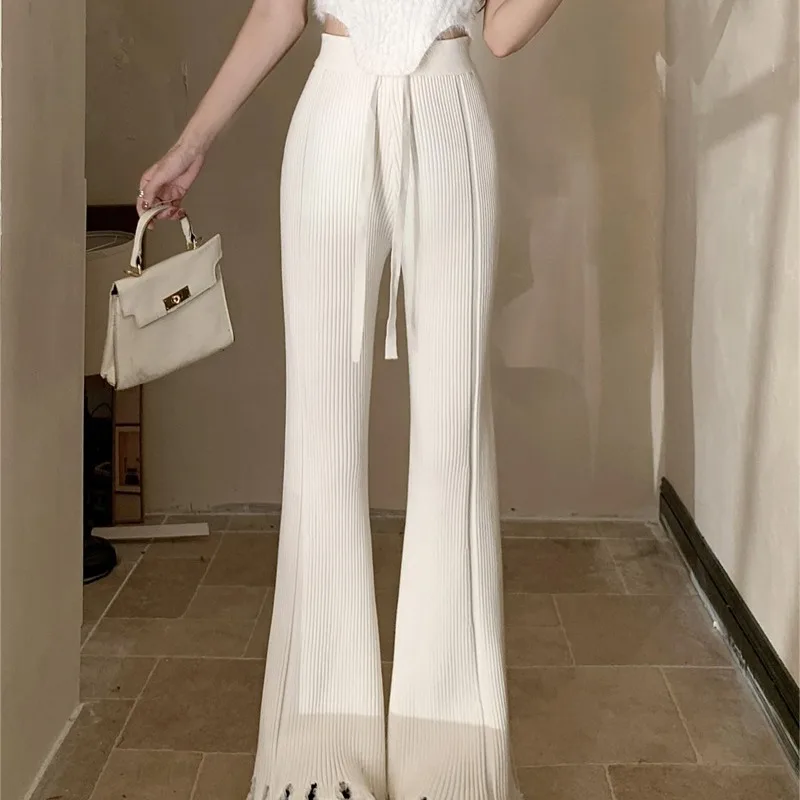 Dzianinowe spodnie codzienne Thiened na zimę, nowe, wyszczuplające, lekko rozszerzane, długie spodnie z frędzlami dla kobiet, z wysokim stanem.