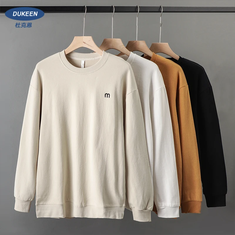 Dukeen 340gsm Heavy Embroidered Sweatshirt Men Plain Long-Sleeved T-Shirt Round-Neck Loose Trend Solid Coloe Tops