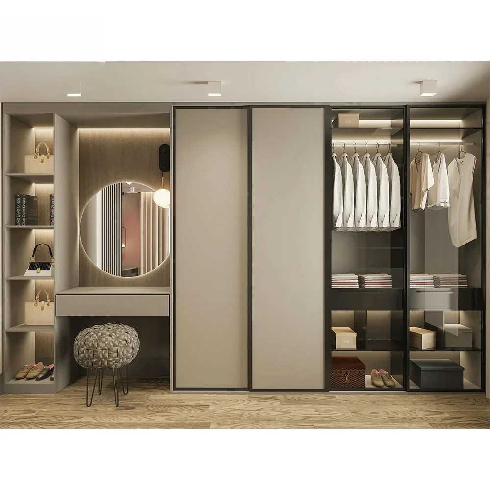 Custom Modern Wardrobe Bedroom Furniture Doors Glass Wooden 3 Sliding Doors Closet Storage & Organization Wardrobe for Bedroom