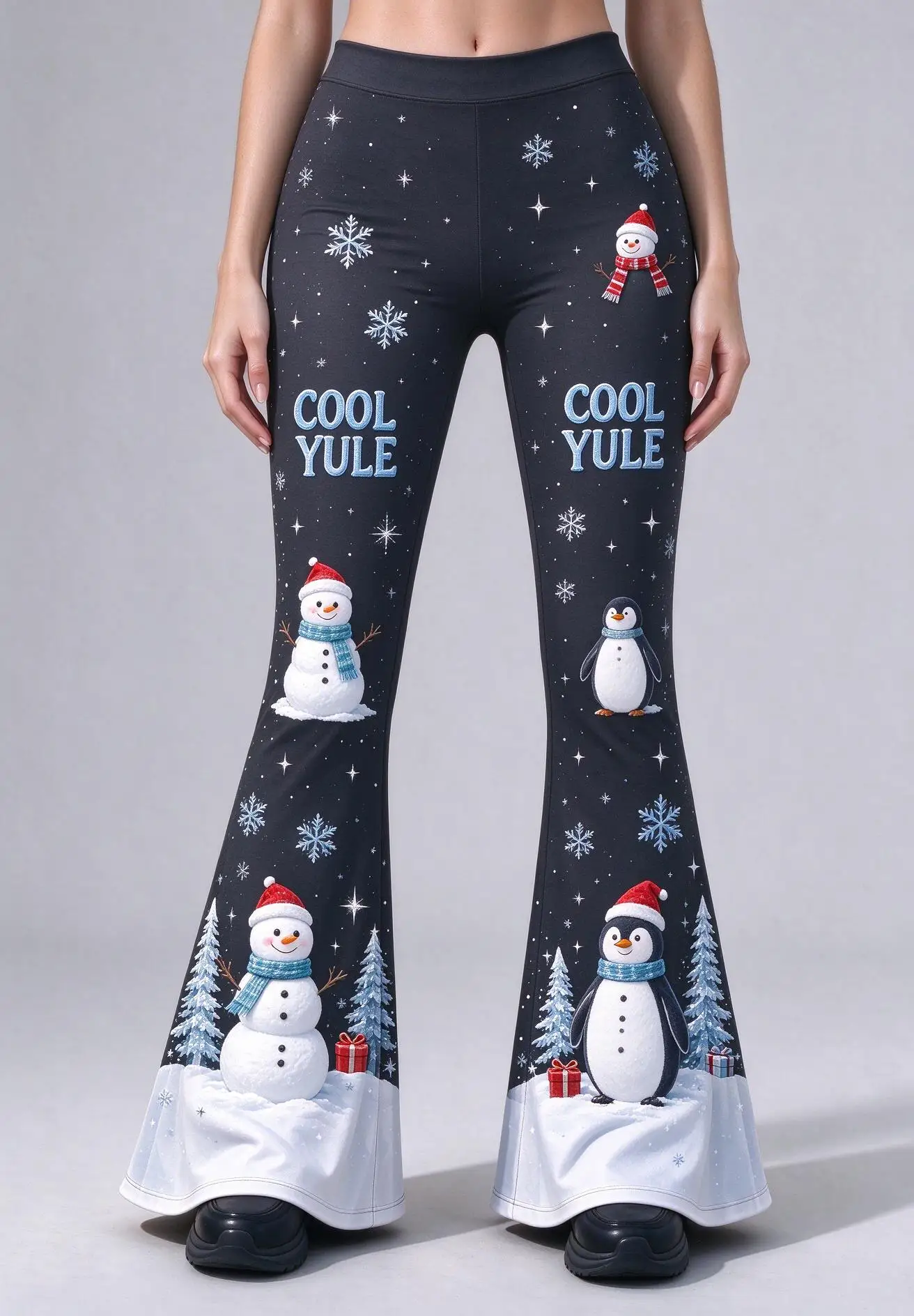 Women Mid Rise Skinny Flare Pants Christmas Tree Snowflake Print Dark Grey Stretch Bell Bottom Xmas Party Trousers