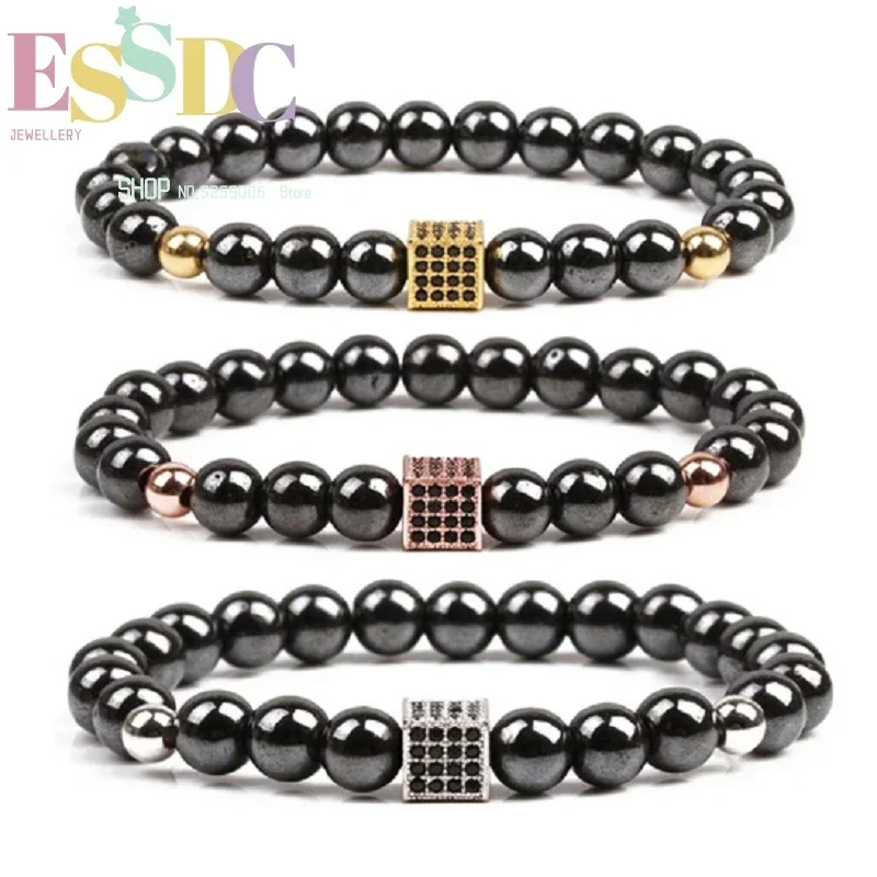 Hot Sale Natural Hematite Beads Magnetic Stone Copper Pave Zircon Cube Charm Bracelet Men's Cuff Hand String Wholesale