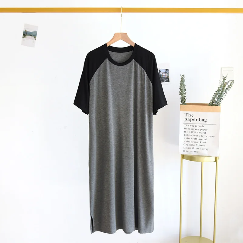 Splicing Round Neck Nightgown Sleepdress Men Short Sleeve Homewear Casual Night Dress Solid Color Home Clothes Silk Homedress