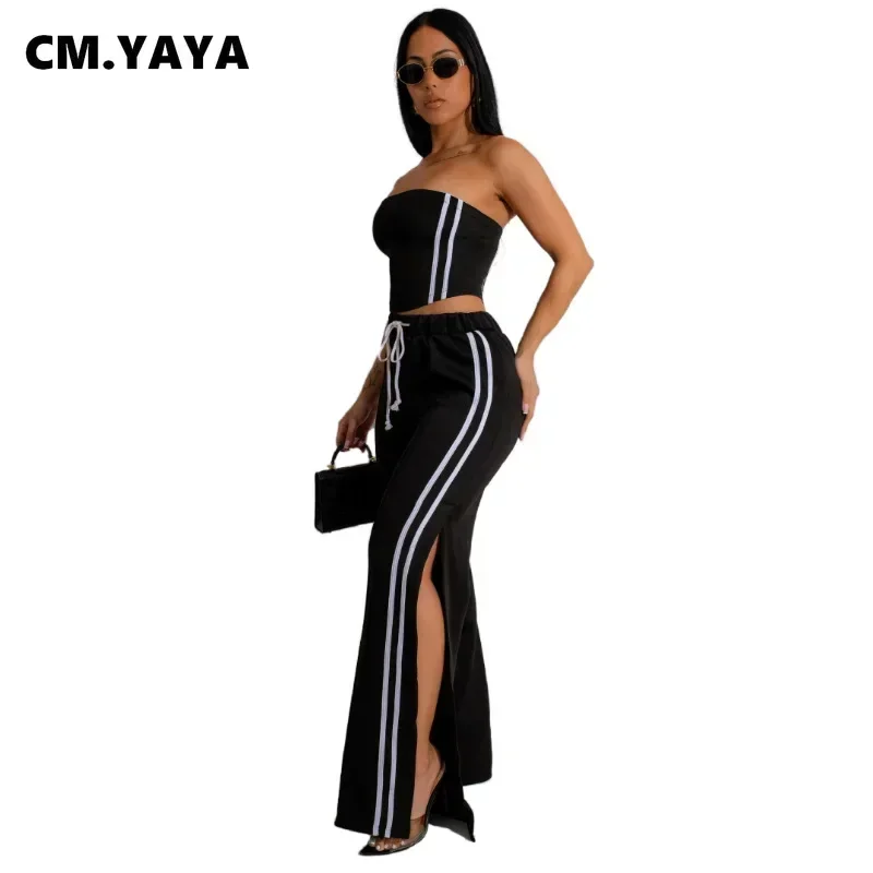 CM.YAYA Fashion Women's Set Strapless Striped Ribbon Crop Top + Wide Leg Pants Suits Summer Streetwear Two 2 Piece Set Outfits