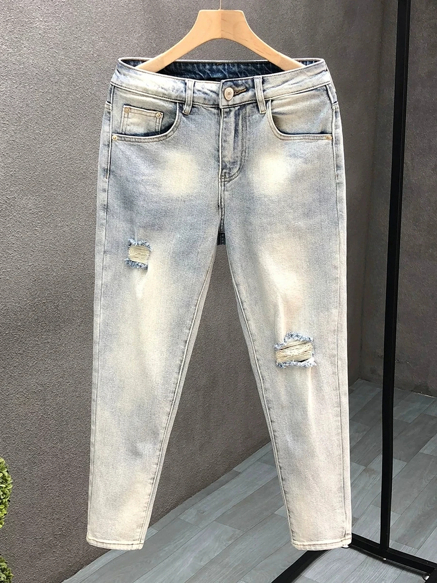 Men's Trendy Jeans Hollow out Slim Fit Summer Lightweight Casual Nine Point Pants Elastic Comfortable Versatile mid Waist Cot...