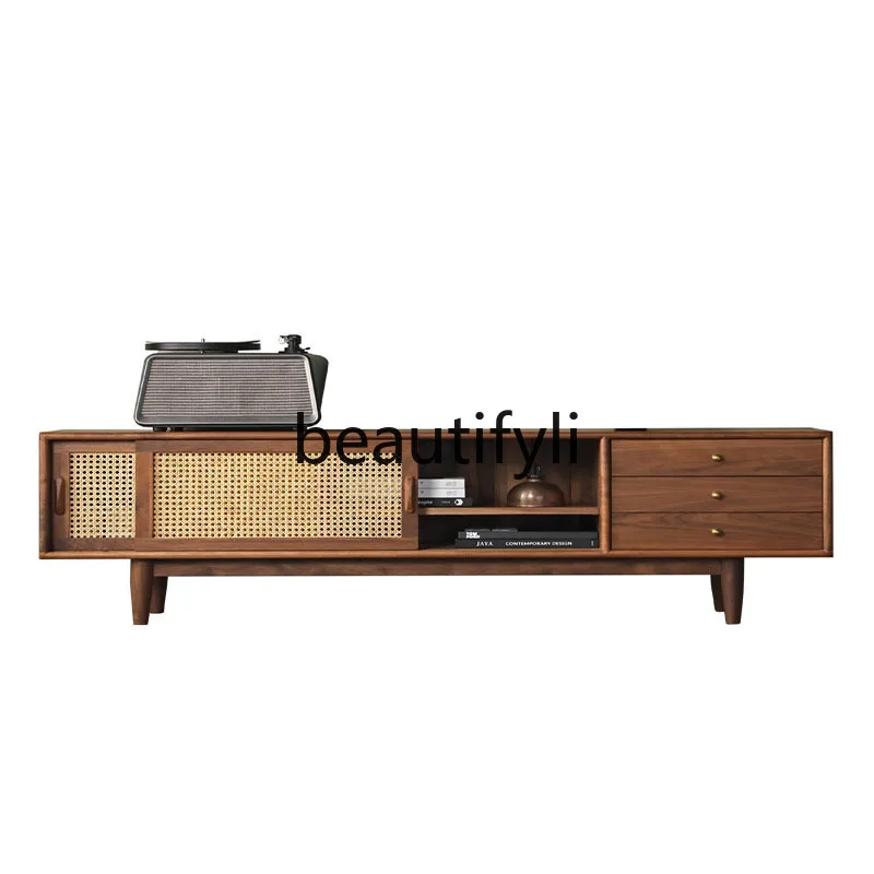 

Solid Wood TV Cabinet Nordic Rattan Storage Low Cabinet Modern Retro Audiovisual Cabinet for Home Use