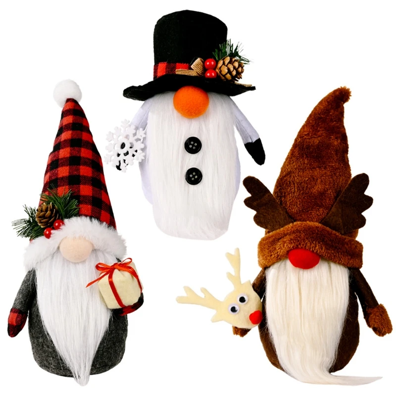 

3 Pieces Christmas Gnome Plush Dolls Cartoon Snowman Reindeer Santa Swedish Tomte Elf Ornament Xmas Holiday Decor