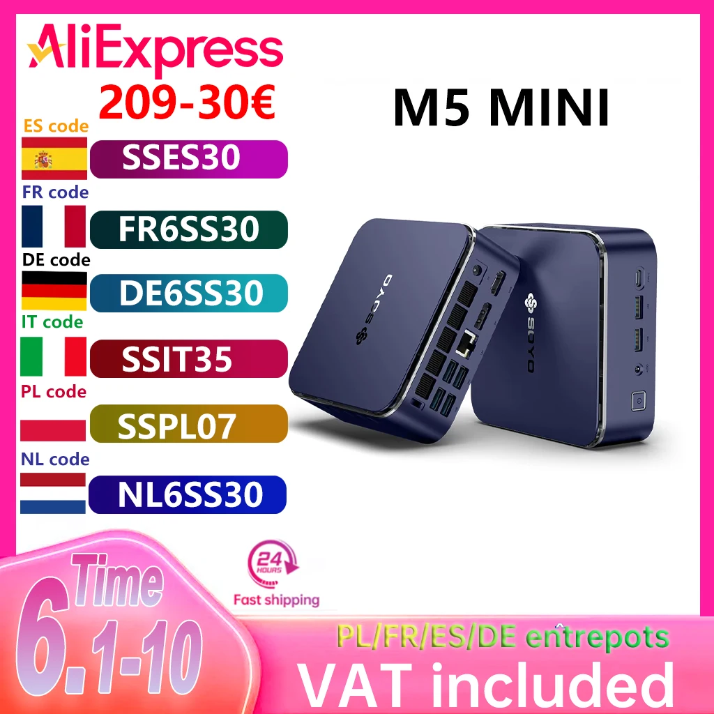Mini PC Soyo M5, Mini Ordenador con CPU AMD Ryzen 3 4300U, Memoria LPDDR4 de 16 GB, ROM de 512 GB, Windows 11 Pro — oferta en AliExpress