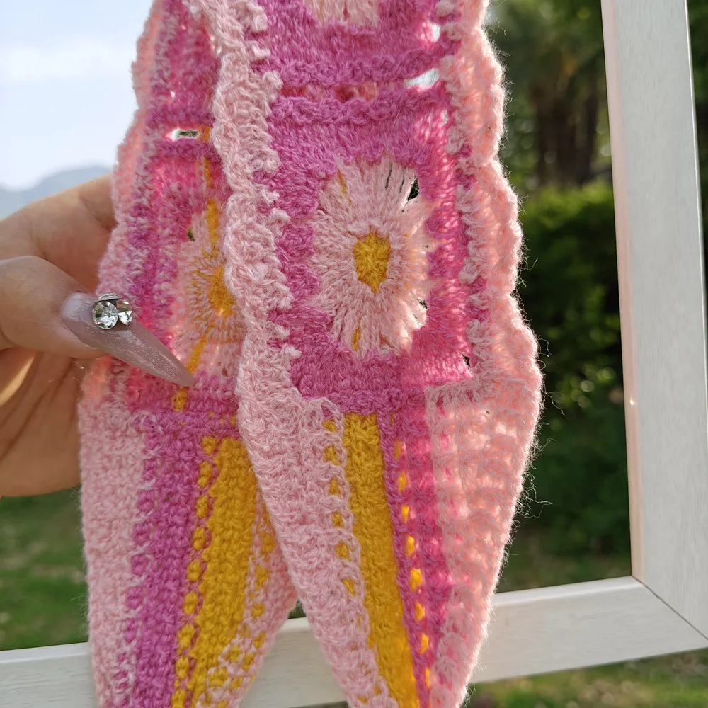 Sommerliches Blumen-Strick-Stirnband, dehnbarer Turban, gehäkelte Blumen-Stirnbänder, Kopftücher, Bandanas für Mädchen und Frauen, Haar-Accessoires – Detail 5