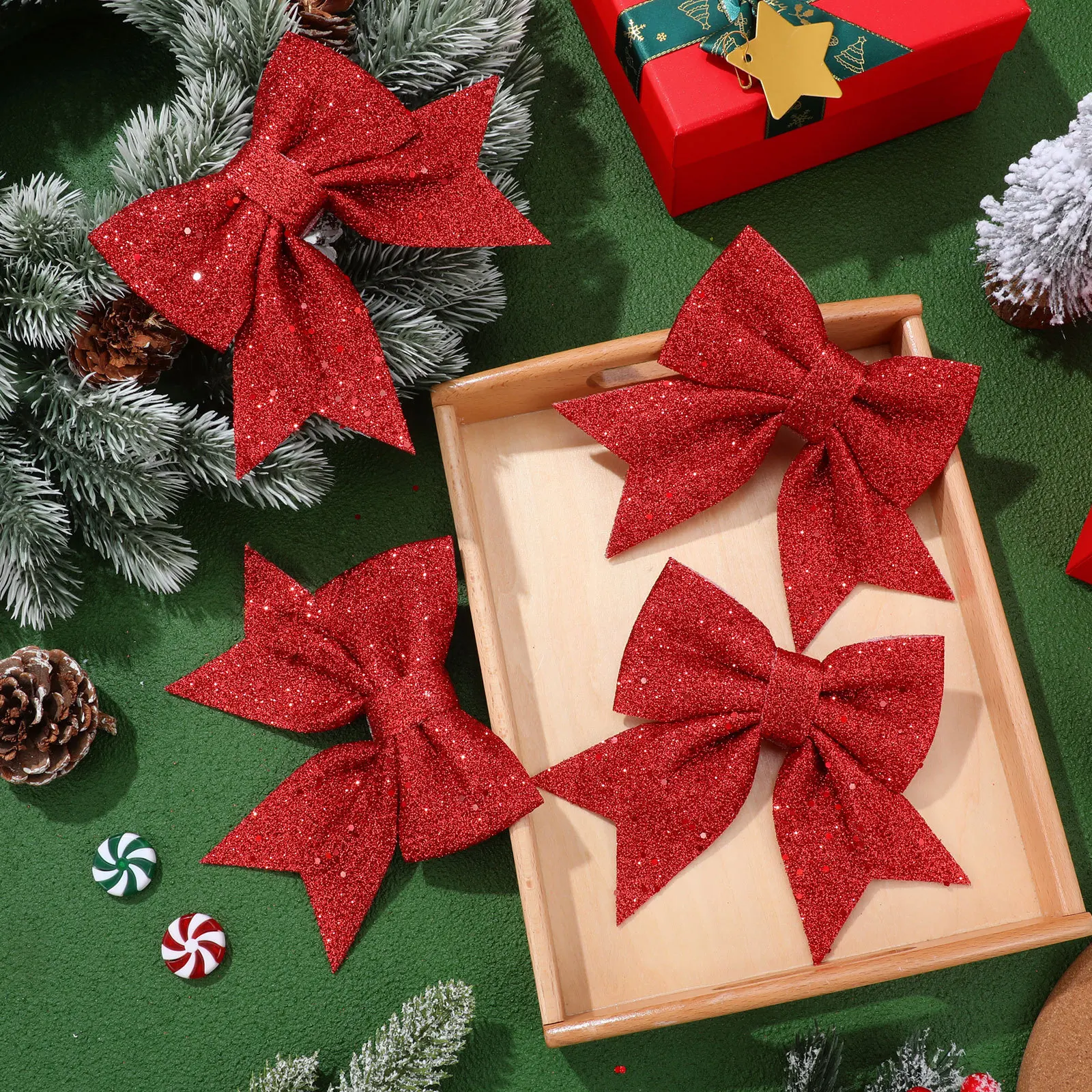 

6 Pcs Holiday Wedding Merry Red Bow Christmas Tree Decorations Ornaments Pendant