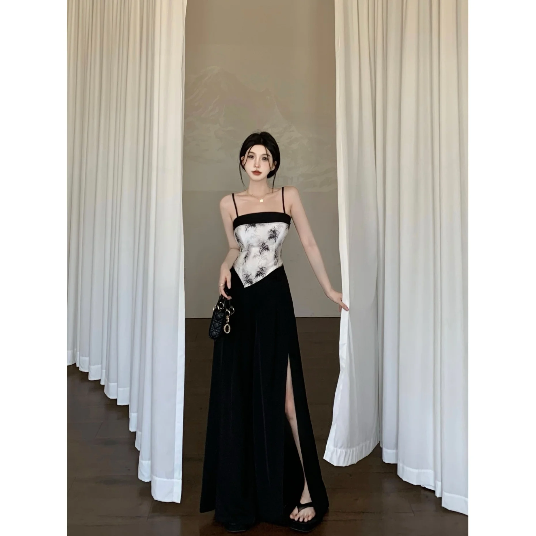

Sexy Pure Desire Chinese Style Print Halter Top High Waist Simple Fake Skirt Pants Casual Long Pants Split Set Women's Fashion
