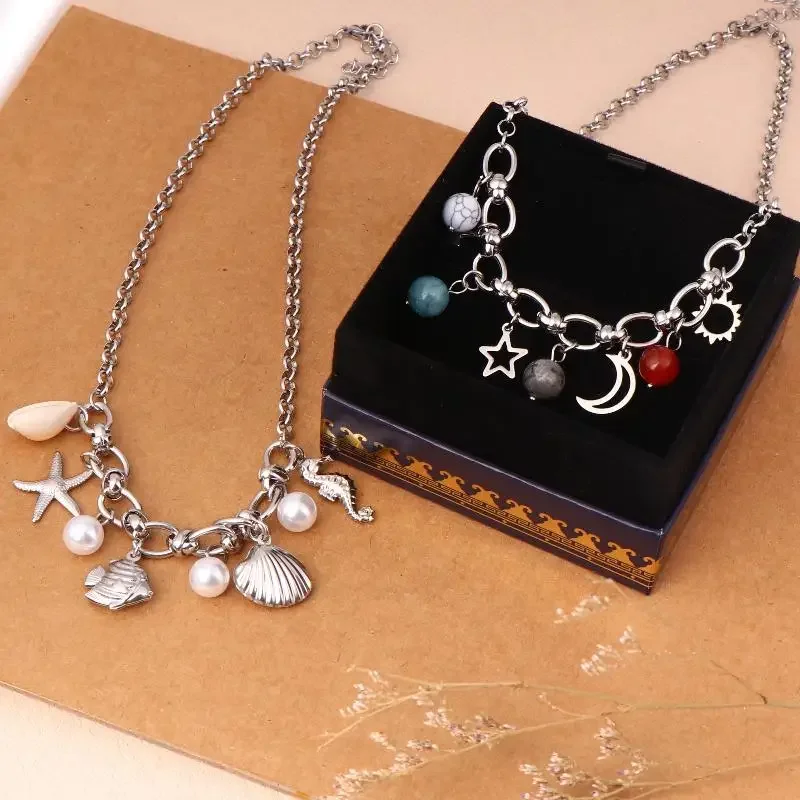 نجم البحر محارة تقليد اللؤلؤ المرأة الفولاذ المقاوم للصدأ قلادة الشمس والقمر قلادة الصيف عطلة الشاطئ Y2K الأزياء والمجوهرات #1