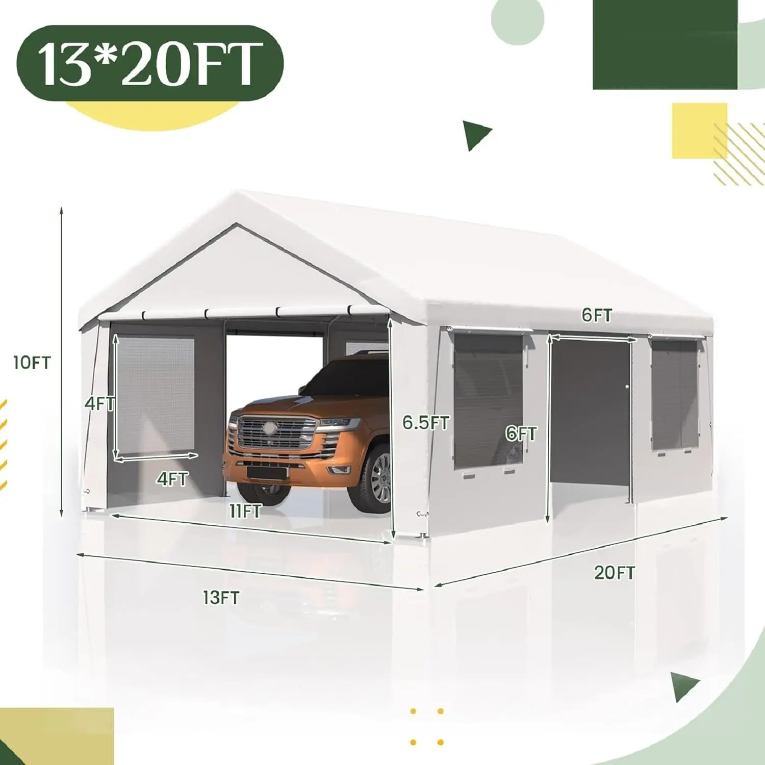 13 x 20 FT Heavy Duty Carport, Portable Garage with Windows, White | 260 sq. ft. coverage fits SUVs, pickups and, Custom
