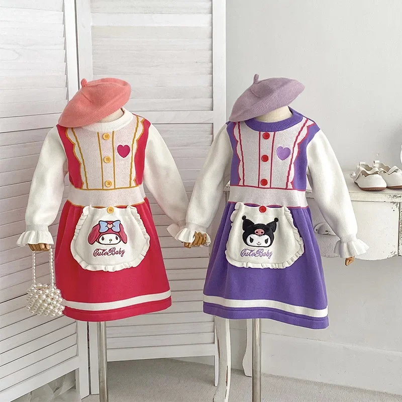 

Kids Baby Girls Knitted Dress Cute Cartoon Kuromi Melody Embroidery Sweater Knit Dress Toddler Princess Party Lolita Dress 2-7y