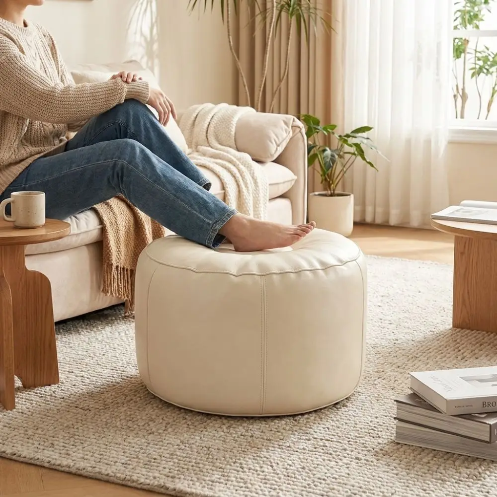 PU Leather Pumpkin Pouf Cover Non-Slip Minimalist Seat Cushion Cover Large Capacity Unstuffed Bean Bag Cover Bedroom