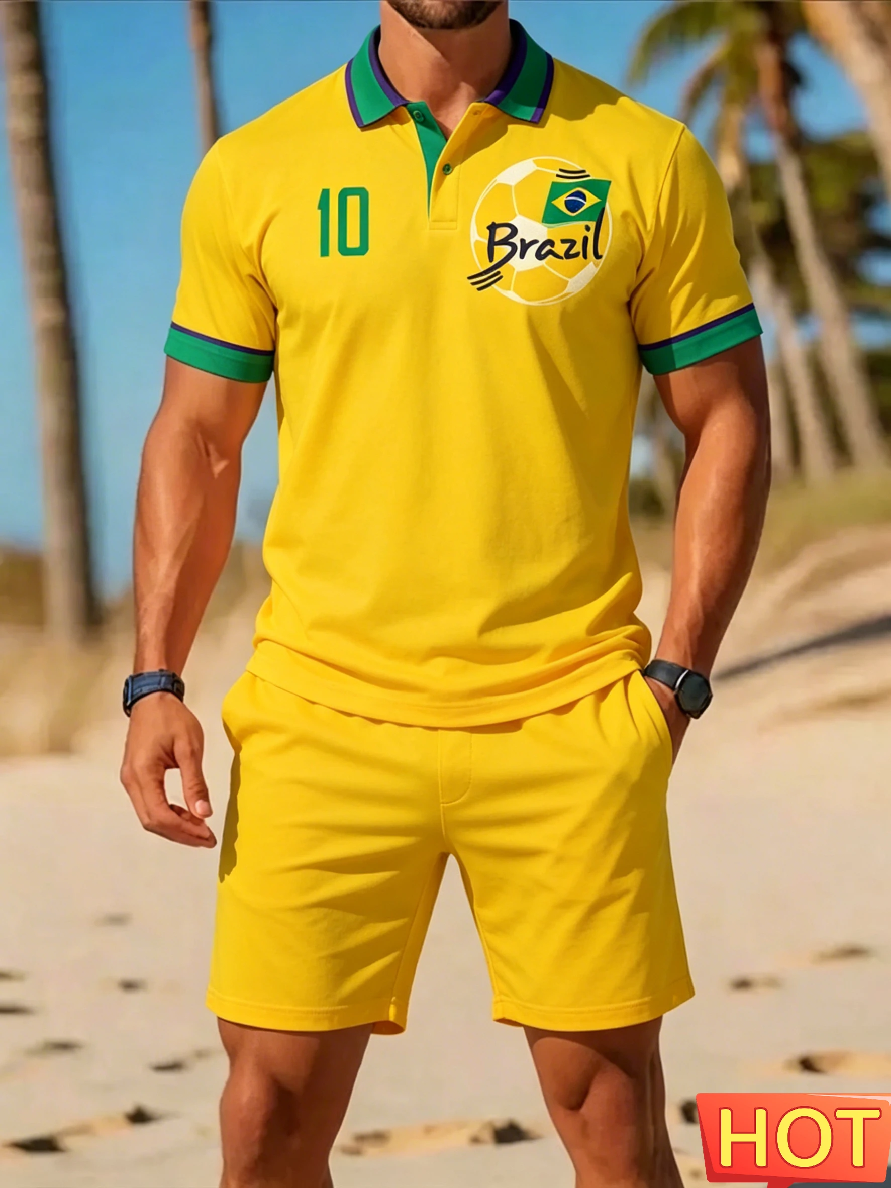 Conjunto Masculino de Verão com Estampa da Bandeira Nacional do Brasil, Camisa Polo de Manga Curta e Shorts, 2 Peças, Roupa Esportiva de Futebol, Traje Casual