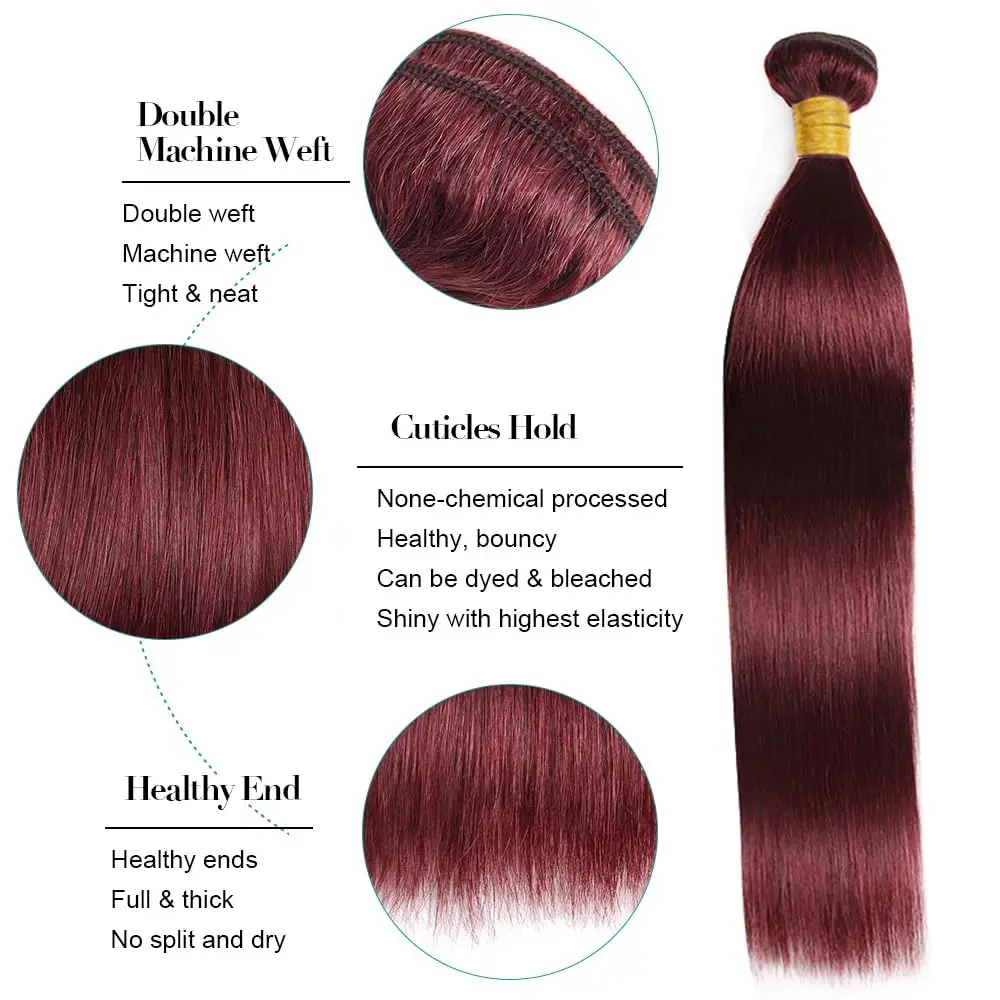 Red Human Hair Bundles Straight Brazilian Bundles 100% Human Hair Extensions 24 26 28 Inches Color #99J Natural Hair For Woman