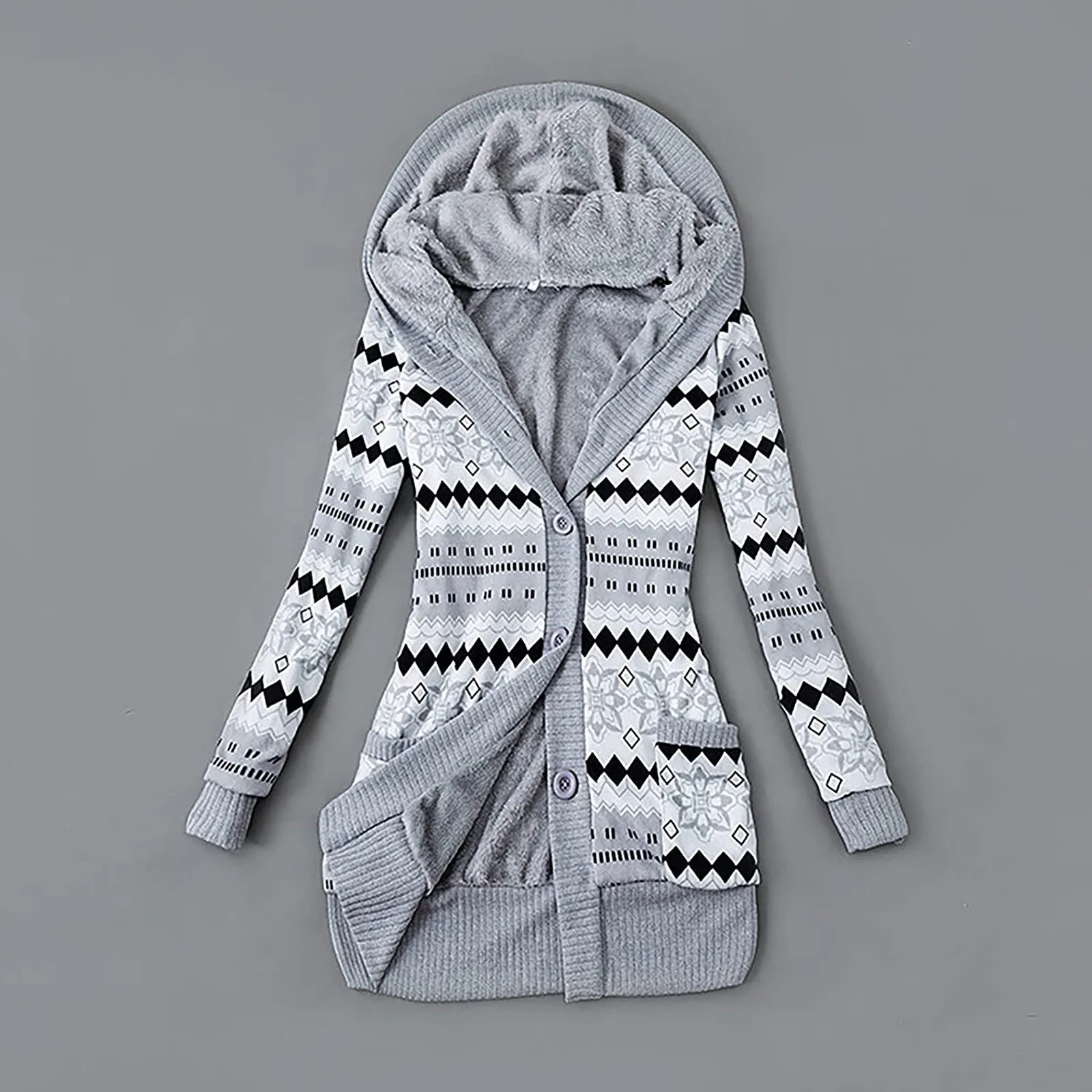 

Womens Hooded Overcoat Warm Winter Knitted Thick Printed Button Up Mid-length Outwear Coat Jacket