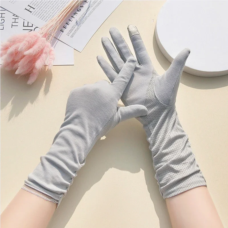 Women's Thin Cotton Extended Anti Slip Elastic Cycling Sun Shading Breathable Touch Screen Summer Driving Sun Protection Gloves