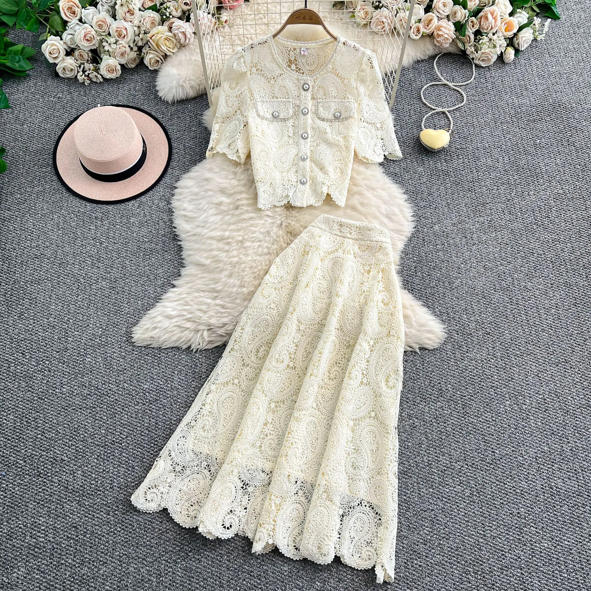 

Two Piece Sets Women Skirt Set Matching Sets Y2k Lce Floral Single Breasted Tops Long Skirts A Line High Waist Dress Sets