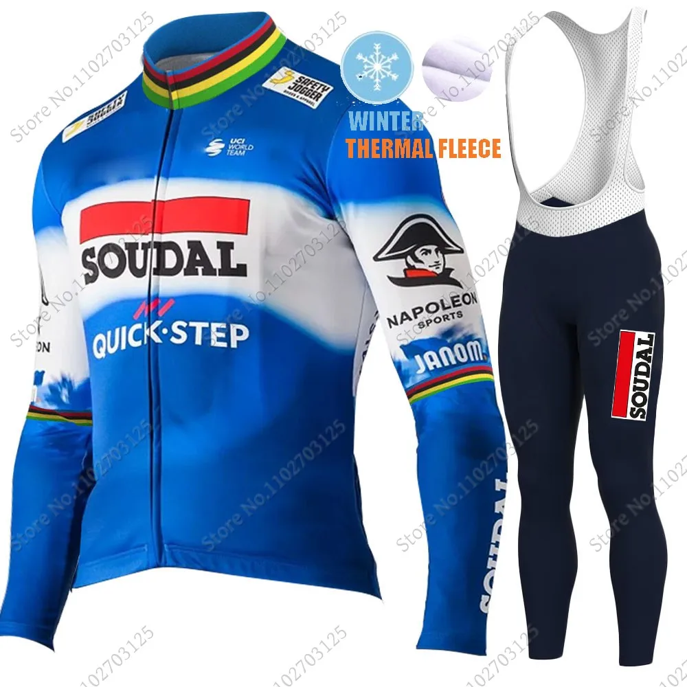 2024 World Champion Soudal Quick Step Team Cycling Jersey Set Long Sleeve Themal Fleece Clothing Suit MTB Bike Road Pants Bib