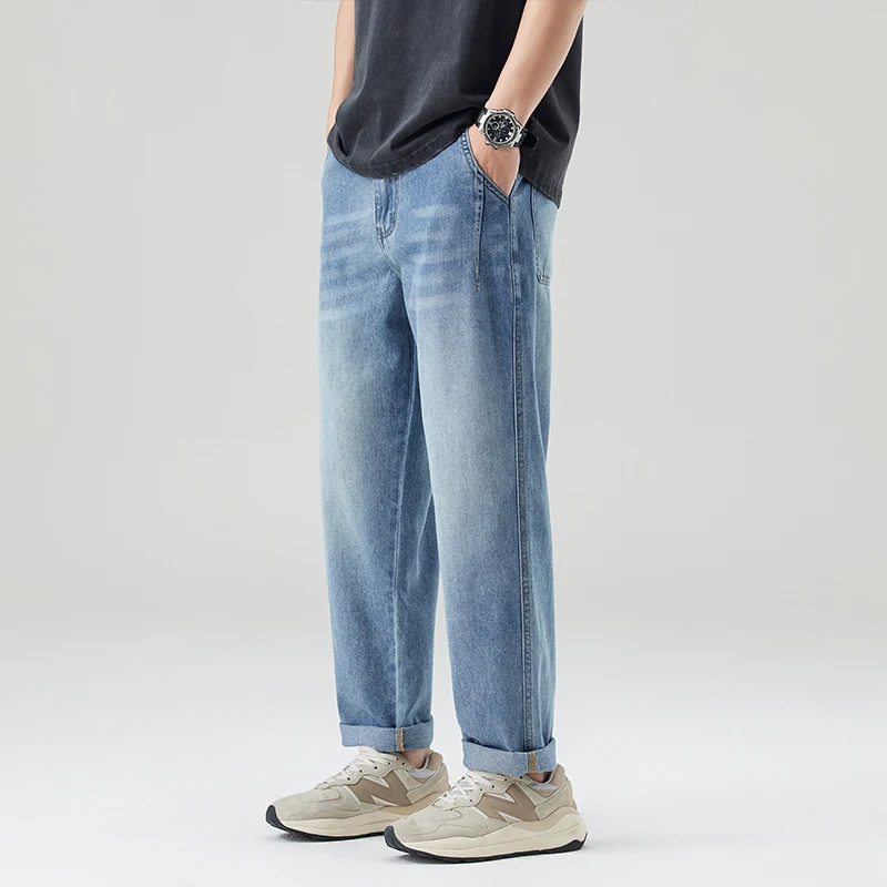 

Men's 2025 fashion slim fit elastic regular straight leg jeans loose wide leg pants