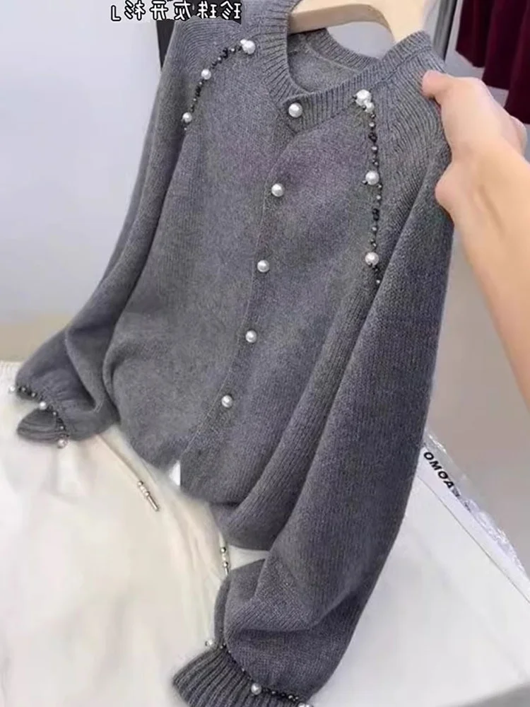 

Свободный вязаный кардиган Long Sve round Ne, повседневная удобная корейская верхняя одежда с жемчугом, верхняя одежда ранней осени, топ