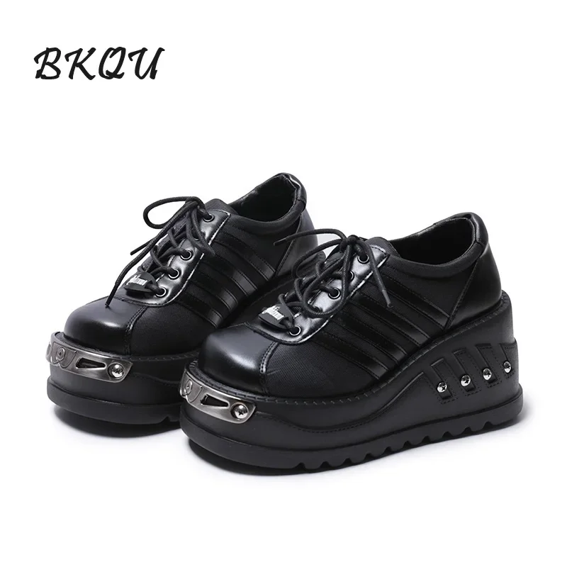 BKQU Niche Original Metal Platform Daddy Shoes Female 2024 Autumn New Neutral Wind Super High Heel Lace-up Shoes Rivet