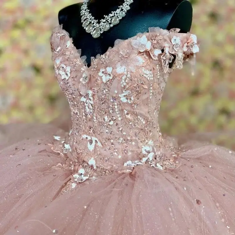 Pink Shiny Quinceanera Dresses Cathedral Train Princess Corset Appliques Lace Beads Off the Shoulder Vestidos De 15 Años