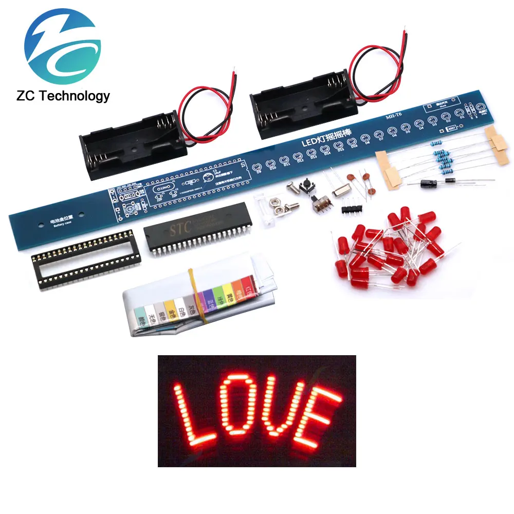 16 Bits POV LED Stick Light Rocker Diy Kit Shaking STC89C52 51 Microcontroller Electronic Solder Kits Blue/Red Display