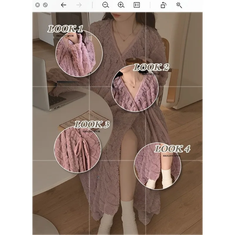 Maiden Jacquard Pattern Coral Fleece Spring and Autumn Payment Above The Knee Princess Home Dress Bathrobe Women Nightdress