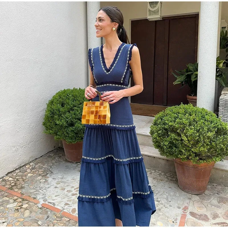 Vestido largo con bordado multicapa para mujer, traje azul fruncido con escote en V, sin mangas, con volantes, elegante, para vacaciones de verano y playa, 2024