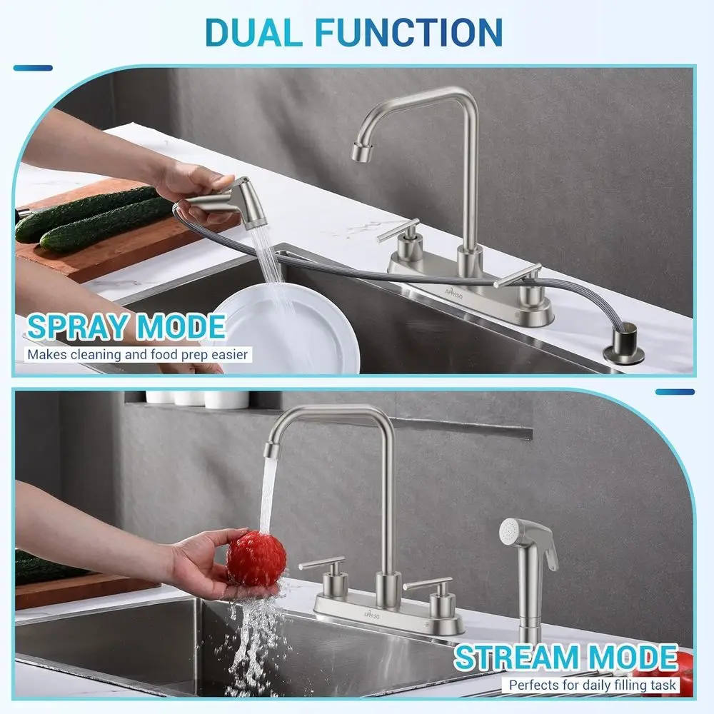 3-Hole Stainless Steel Kitchen Faucet with High Arc Sprayer in Brushed Nickel Finish