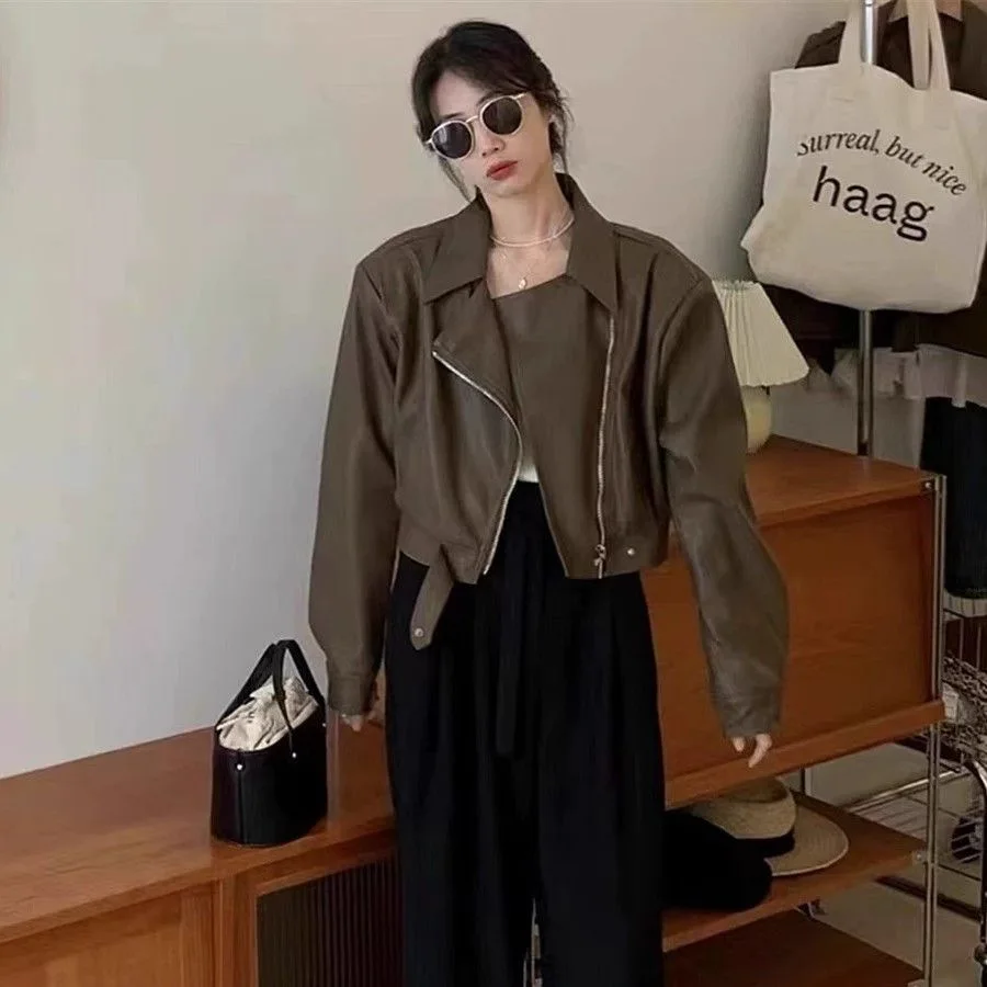 Brown PU Leather Jacket Women's 2026 Spring New Loose Hong Kong Style Short Motorcycle Jacket Biker Top Ultra Short Length 5