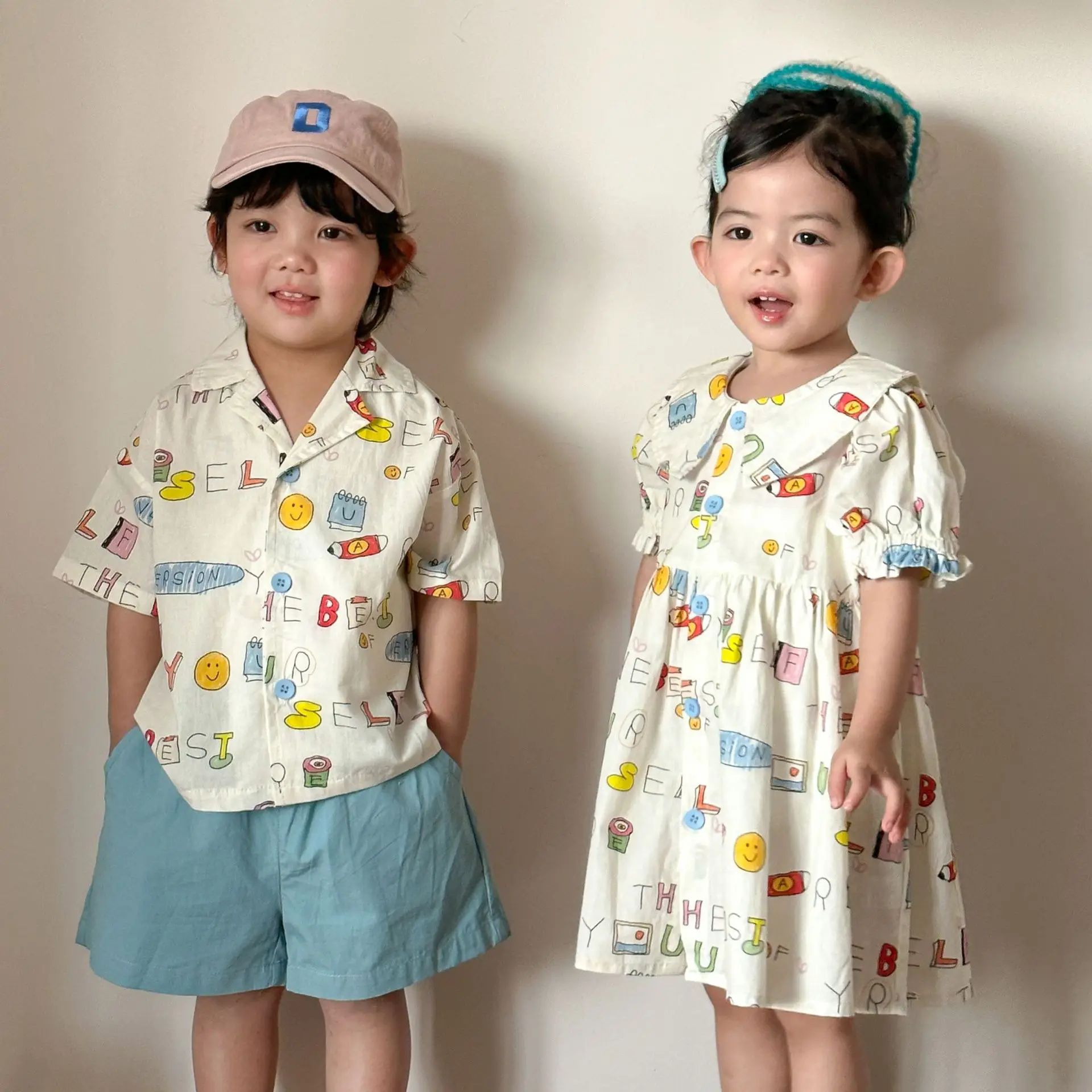 

2026 Summer New Children Fashion Casual Clothes Set Boys Loose Shorts 2pcs Suit Girls Cartoon Print Dress Brother Sister Outfits