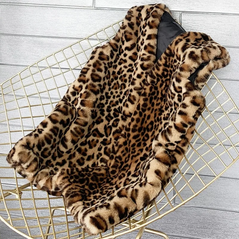 Women's Faux Mink Fur Leopard Print Winter Mid-length Faux Fur Waistcoat Warm Vest Waistcoat Outerwear Soft Women Jacket