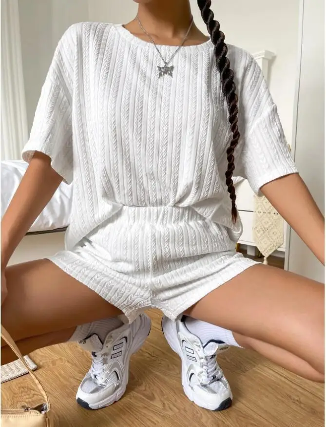 Women\'s Monochrome Cotton Suit Casual Top Comfortable Loose Round Neck Shorts Summer New Fashion Elegant Women\'s 2-piece Set