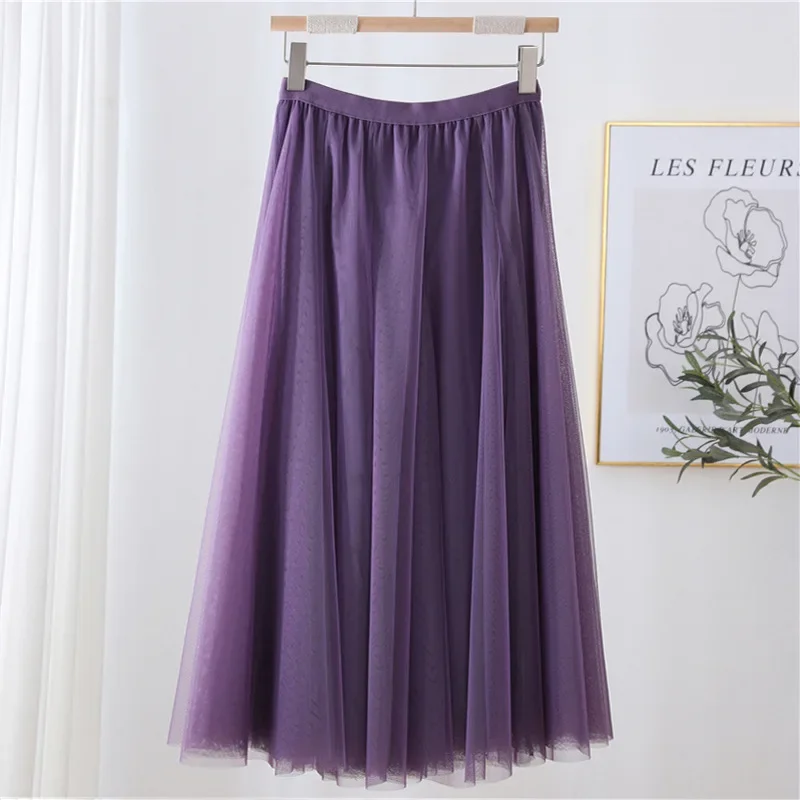 Hot Women Mesh Elastic Tutu Skirt Beach Spring Summer Korean High Waist Fashion Pleated Long Skirt Black White Tulle Skirts