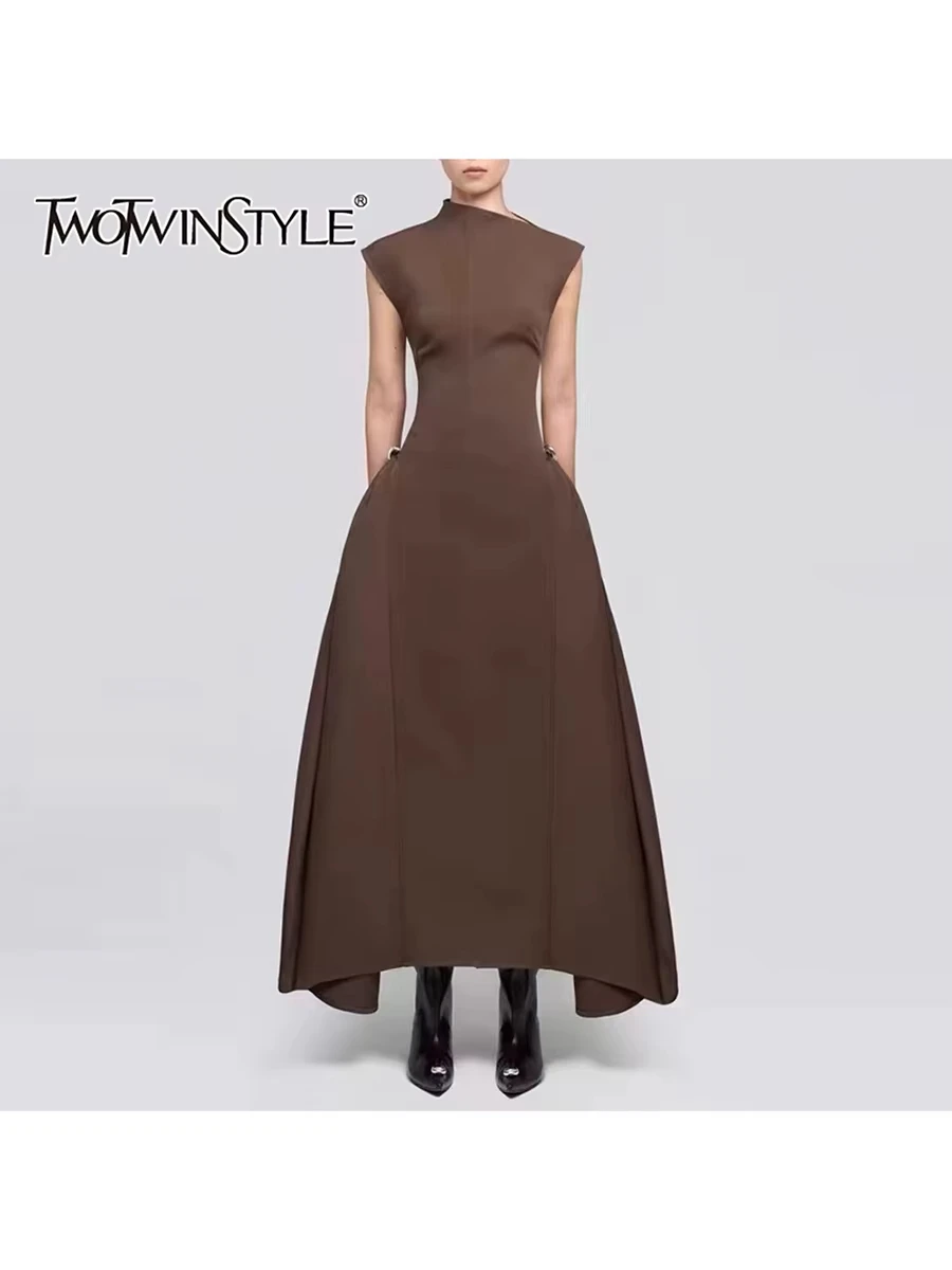 TWOTWINSTYLE Fashion 2025 Patchwork Folds Dresses for Women Asymmetrical Collar Sleeveless High Waist A Line Solid Dress Female