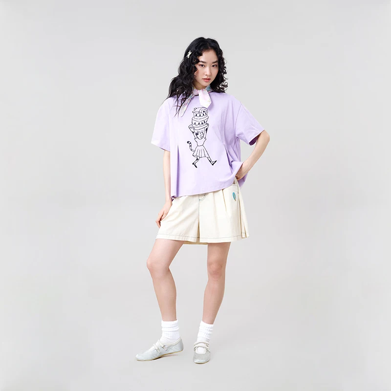 MOVEUP Short Sleeves Round Neck T-Shirt 2026 Summer New Pure Cotton Fun Cat Embroidery Pleated Slimming Top For Women 3ELX10514