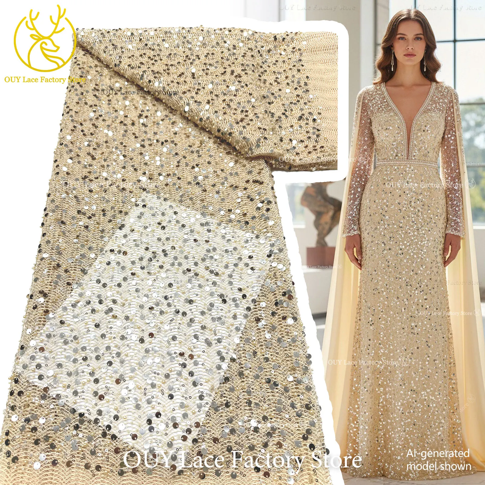 

Fashion Nigerian Embroidery Beaded Lace Fabric 2026 High Quality African Sequins Lace Fabric For Sewing Women Party Dress