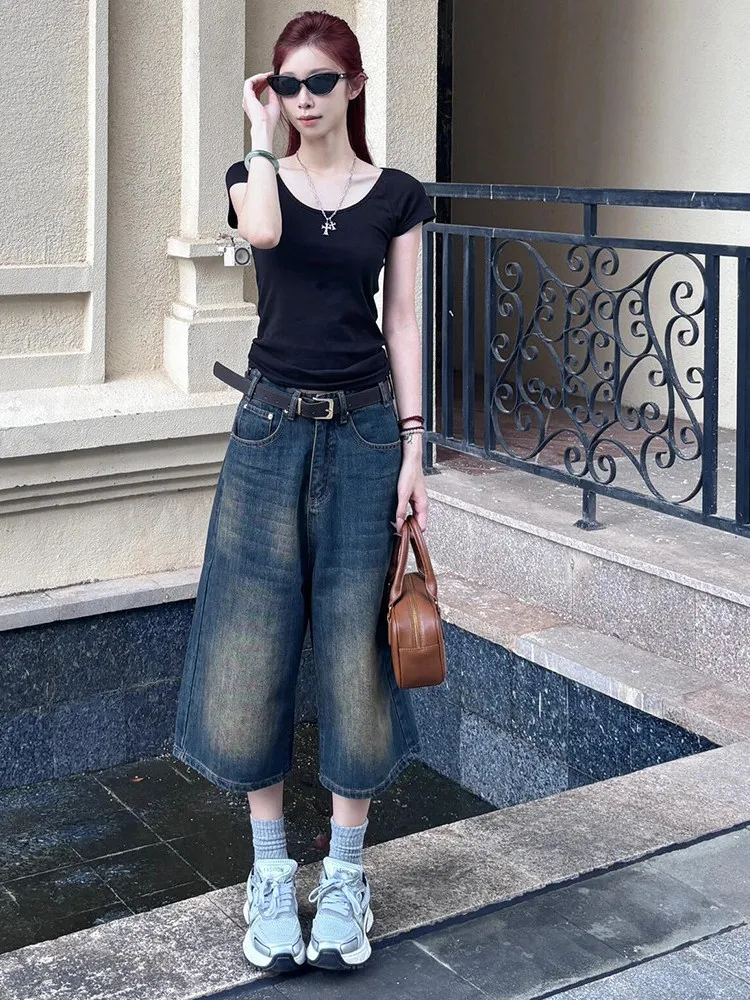 

Retro Distressed Wide Leg Jeans High Waist Loose Slimming Concealing Straight Leg Denim Seven-Foot Women's Summer Pants