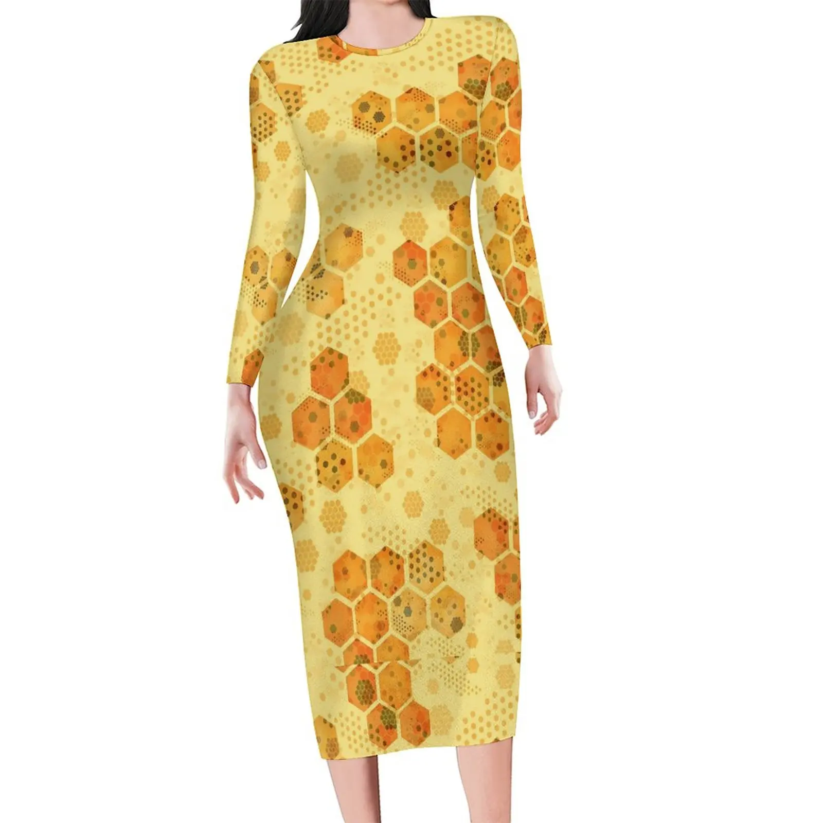 Bee Hives Dress Woman Geometric Print Aesthetic Bodycon Dress Autumn Long Sleeve Retro Dresses Pattern Oversized Vestidos