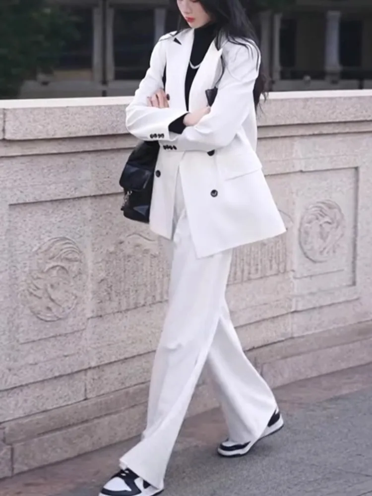 Spring Summer Women Blazer Pant Suits  New Fashion Long Sleeve Office Ladies Business Female Elegant White Clothes Two Piece Set