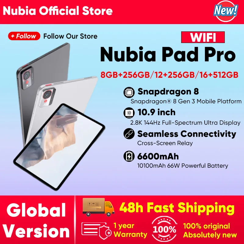 

Nubia Pad Pro WIFI Snapdragon 8 Gen3 10.9'' 2.8K 144Hz Display 10100Mah Battery 66W Fast Charger 20MP+13MP Bluetooth 5.3