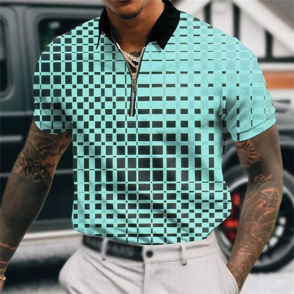 Men's Lapel Polo Zip Polo Shirt Golf Shirt Graphic Prints Geometry Lake blue Street Short Sleeves Zipper Clothing Apparel Casual