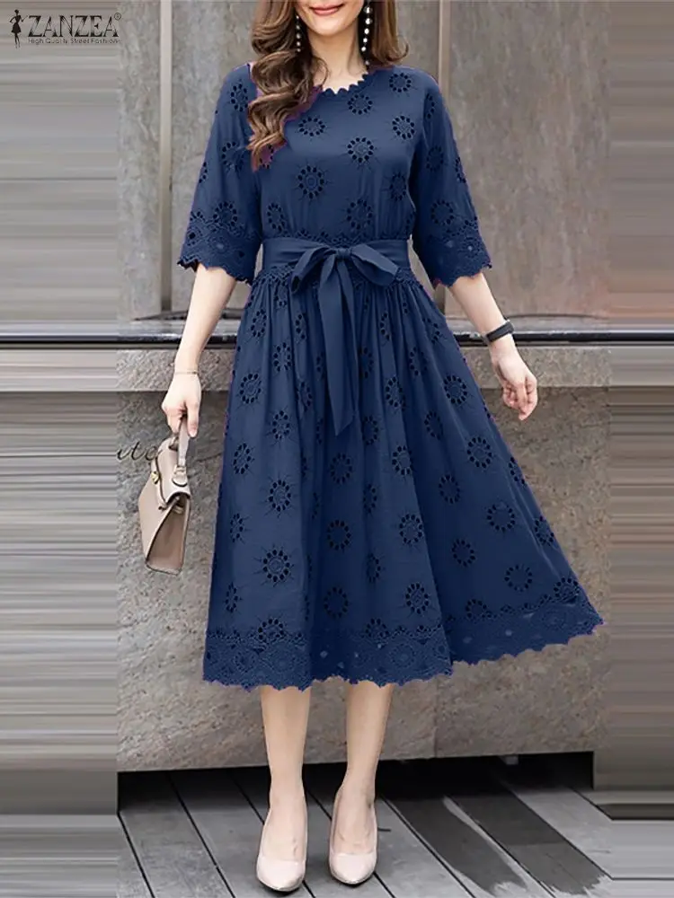 فستان كروشيه أنيق للخريف من ZANZEA لعام 2025 فساتين نسائية أنيقة مطرزة 3/4 كم فستان صيفي للعمل مرقع رداء ميدي #4