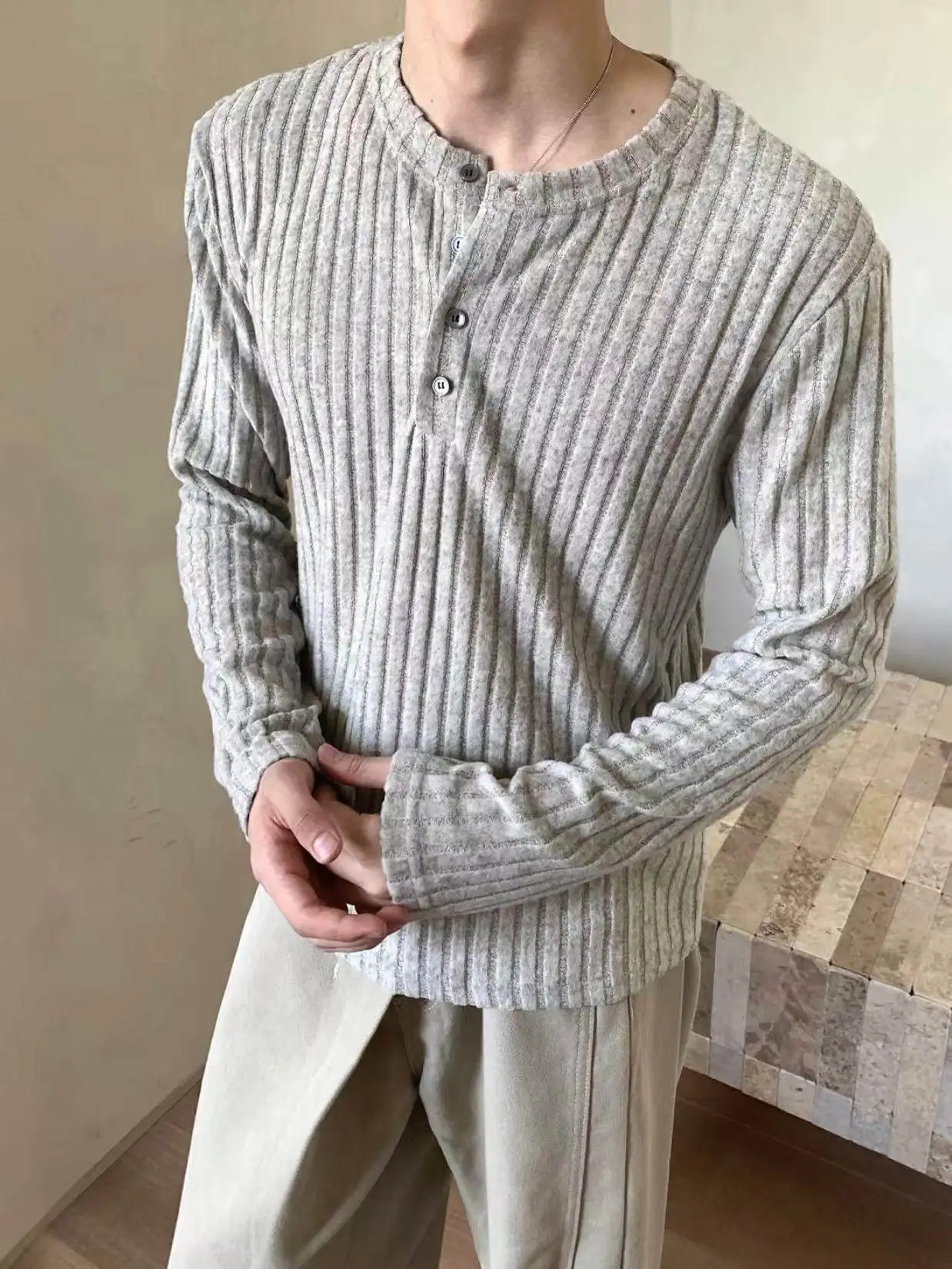 

Retro Henry Collar Striped Texture Long Sve Men's Top Autumn Lazy Sle Hoodie Casual Long Sve Polyester Fiber Knitted ...