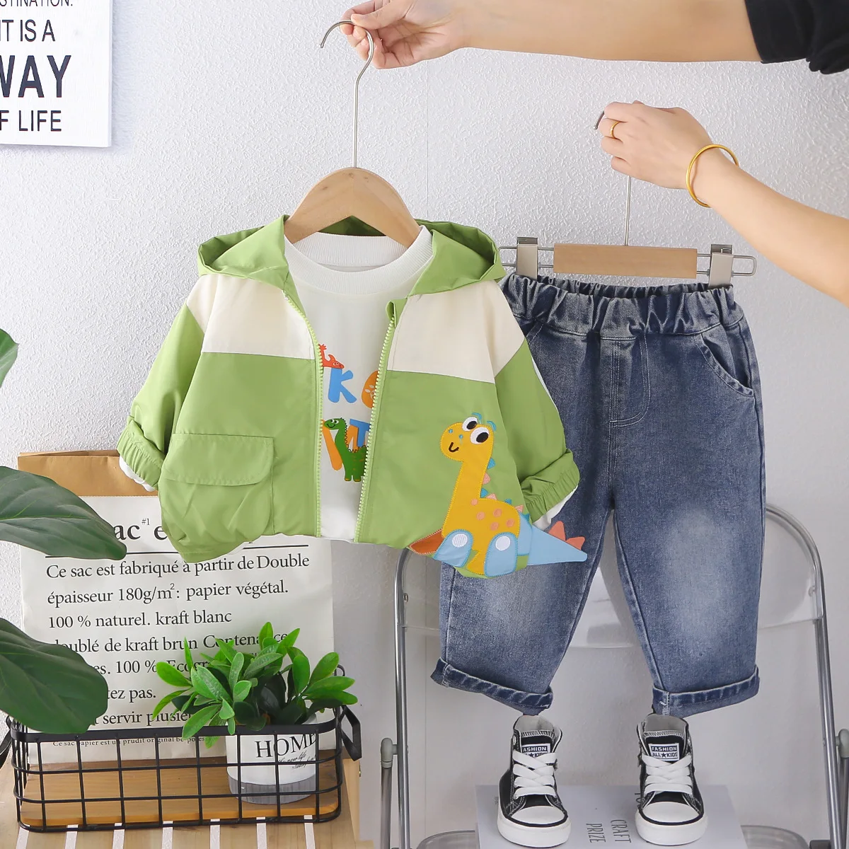 Baby Boys 3pcs Clothing Set 2026 New Spring Autumn Cute Dinosaur Cartoon Hooded Jacket + Tee + Jeans Toddler Kids Casual Outfits