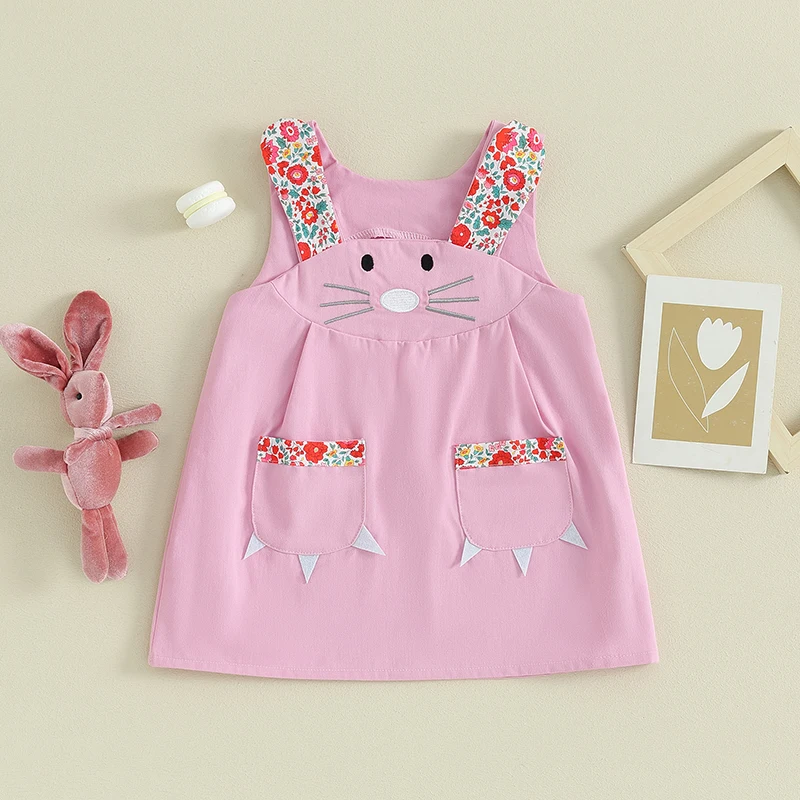 

Girls Sleeveless Floral Print Overall Dress Adorable Bunny A-line Dress for Summer Perfect for Easter Celebration